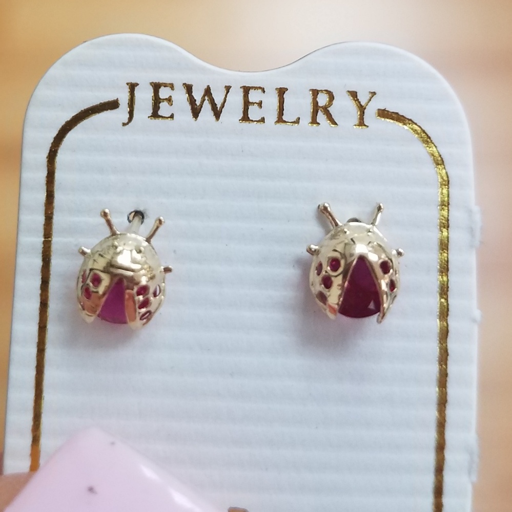 14k Yellow Gold Lady Bug Baby Girls Stud Earrings - Picture 3 of 8